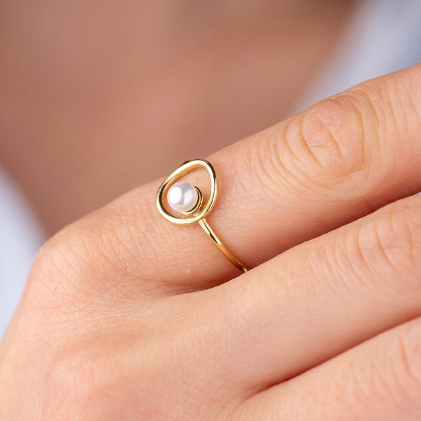 14k Solid Gold Kreis Perlenring, Minimalistischer offener Kreis Ring, hohler Ring, zierlicher Ring für Frauen, winziger Perlenring, Weihnachtsgeschenk