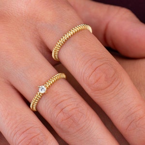 14k Solid Gold Vertical Line Ring, Minimalist Rope Ring, Stacking Ribbed, Simple Strip Everday Band Ring, Gift for Her, Anniversary