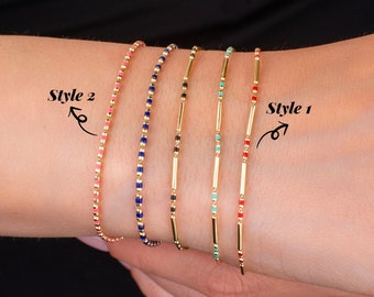 14k Massivgold Bunte Emaille Perlen Bar Armband, Mini Italienische Kugel Tägliches Armband, Schichtung, Minimalistischer Sommer Schmuck, Selbstpflege Geschenk
