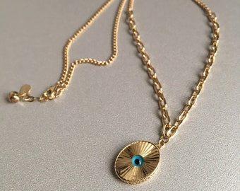 14k Gold Faceted Evil Eye Necklace, Curb and Paperclip Link Chain, Blue Eye Lucky Charm, Oval Pattern Pendant,Unique Necklace,Christmas Gift