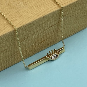 14k Gold Bar Necklace, Eye Necklace, Minimalist Necklace, Gift for Her, Necklace with Bar, Horizontal Bar, Birthday Gift, Dainty, Long Bar