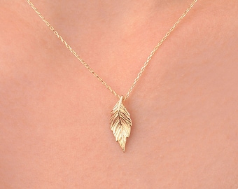 Collar con colgante de hoja de oro macizo de 14k, delicado colgante inspirado en la naturaleza, joyería minimalista para el día a día.