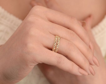 Gold Rhombus Eternity Band Ring with Stone, 14k Solid Gold Ring, Double Band, Minimalist, Unique Ring, Christmas Gift, Anniversary Gift