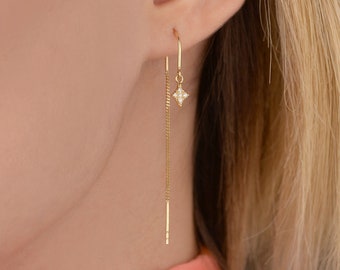 14k Solid Gold Earring, Rhombus Threader Earring, Minimalist Pole Star Threader, Dainty, Valentine's Day Gift, Romantic Gift, Mother's Day