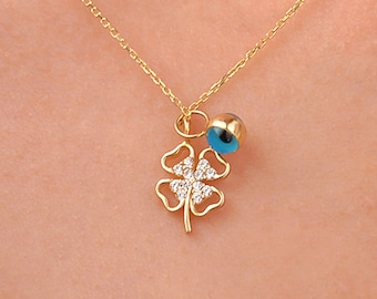 14k Solid Gold Necklace, Gold Clover Pendant, 4 Leaf Clover Necklace, Gift for Women, Good Luck Gift, Clover Evil Eye, Lucky Clover Charm