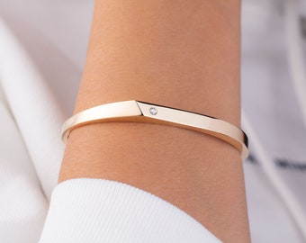 14k Gold Bangle Bracelet, Minimalist Bangle, Asymmetrical Bracelet, Gift for Women, Bangle with Stone, Birthday Gift, Hinged Bangle, Dainty