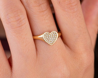 14k Solid Gold Heart Ring, Love Signet Ring, Dainty Pinky Ring, Zircon Jewelry, Romantic Gift for Her, Heart Lover Gift, Christmas Gift