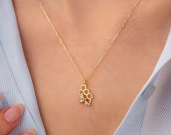 Collar de abeja de oro macizo de 14k, collar de panal, joyería de abeja, collar con colgante de abeja, regalo para amantes de los animales, amante de las abejas, regalo para el autocuidado