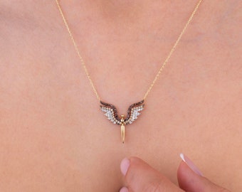 14k Solid Gold Angel Necklace, 3 Colored Angel Wings Pendant, Good Luck Charm, Guardian Angel Charm, Dainty Gift for Her, Valentines