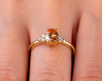 14k Solid Gold Honey Orange Colored Oval Cut Ring, Solitaire Promise Ring, Minimalist Zircon Engagement Ring, Wedding Band, Christmas Gift