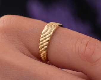 14k Solid Gold Ribbed Ring, Striped Ring, Gold Ridge Ring, Gold Matte Ring, Unique Ring, Minimalist Ring, Dainty Band Ring, Christmas Gift