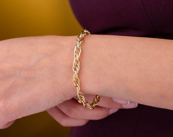 14k Solid Gold Tricolor Oval Link Bracelet, Rolo Chain, Sparkly Faceted Bracelet, Dainty Bracelet, Unique Gift for Women, Christmas Gift