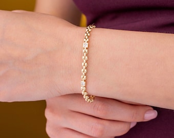 14k Solid Gold Watchband Chain Bracelet With Stone, Dainty Watch Link Bracelet, Stackable Everyday Bracelet for Women, Gift for Mother's Day