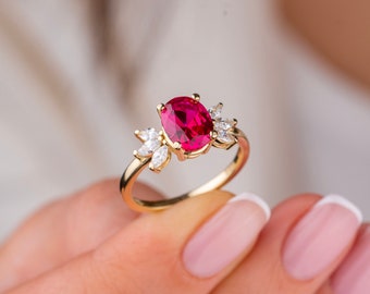 14k Solid Gold Fushia Pink Oval Cut Ring, Solitaire Marquise Promise Ring, Minimalist Zircon Engagement Ring, Wedding Band, Christmas Gift