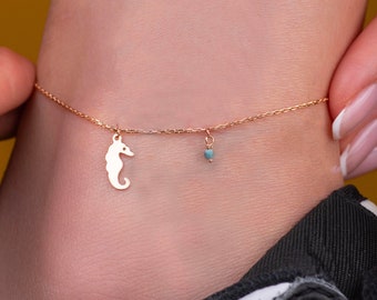 14k Solid Rose Gold Seahorse Anklet Bracelet, Summer Beach Anklet,Minimalist,Dainty Anklet with Blue Stone,Sea Animal Jewelry,Christmas Gift