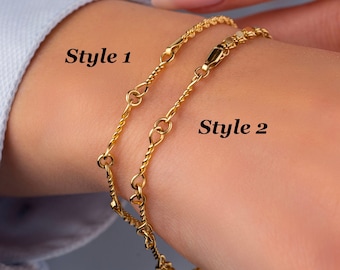 Pulsera de oro macizo de 14 k, pulsera de cadena con espejo dorado, pulsera de cadena con lentejuelas delicadas, pulsera de cadena de cuerda, pulsera de cadena de eslabones, cadena elegante