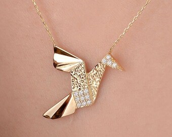 Origami Bird Necklace, 14k Solid Gold Necklace, Swallow, Dove Charm, Origami Necklace, Flying Bird, Unique Gift for Her,Anniversary,Birthday