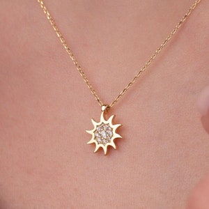 Gold Sunburst Necklace, 14k Solid Gold Necklace, Gold Sun Pendant, Sunburst Pendant, Gift for Her, Christmas Gift, Dainty, Sunshine Necklace