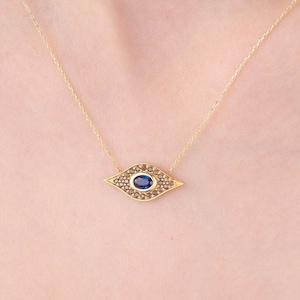 14k Gold Evil Eye Necklace, Protection Pendant, Pave Blue Eye Lucky Charm, Unique Necklace, Evil Eye Jewelry, Gift for Her, Christmas Gift