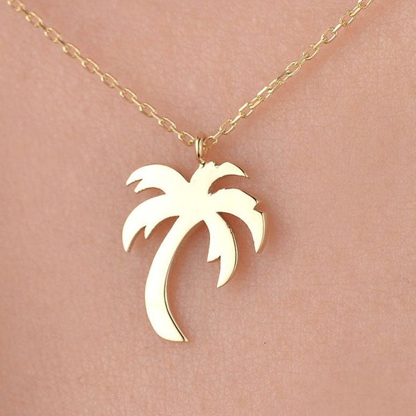 14k Solid Gold Palme Halskette, Palme Anhänger, tropische Blätter Halskette, Strand Schmuck, minimalistisch, Geschenk für sie, Weihnachtsgeschenk