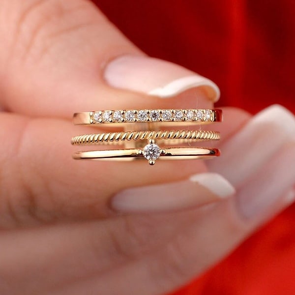 Multi-Band Ring, Trio Ring, Three Row Ring, 14k Solid Gold Ring, Triple Ring for Women, Three Band, Minimalist, Dainty, Christmas Gift