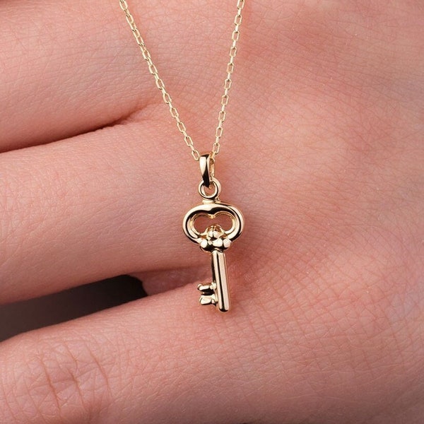 Schlüssel Anhänger Halskette, 14k Solid Gold Halskette, Gold Schlüssel Halskette, Geschenk für sie, Schlüssel Charm Halskette, Jubiläumsgeschenk, minimalistische Halskette