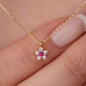 14k Solid Gold Necklace, Gold Flower Necklace, Cute Flower Necklace, Tiny Flower Pendant, Pink Flower, Dainty, Minimalist, Gift for Her