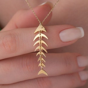 Gold Fish Necklace, 14k Solid Gold Necklace, Fishbone Necklace, Gold Fish Pendant, Gift for Her, Unique Necklace, Birthday Gift,Unusual Gift