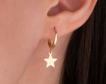 Star Charm Earring, 14k Solid Gold Hoop Earring, Star Hoop Earring, Dangle Star Earring, Gift for Her, Birthday Gift, Huggie Hoop, Christmas
