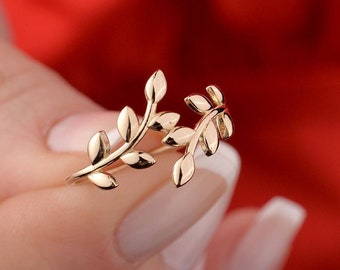 Olive Leaf Ring, Leaf Branch Ring, 14k Solid Gold Ring, Wrap Ring, Wraparound, Minimalist, Dainty, Gift for Her, Nature Lover,Gift for Mom