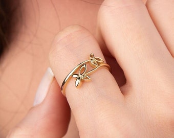 Dainty Flower Ring, 14k Solid Gold Ring, Wraparound Ring, Gift for Her, Floral Ring, Anniversary Gift, Minimalist Ring, Christmas Gift