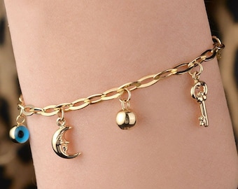 Multi Charm Bracelet for Women, 14k Solid Gold Bracelet, Lock and Key, Crescent Moon, Anchor, Evil Eye, Heart, Paper Clip Chain,Gift for Her