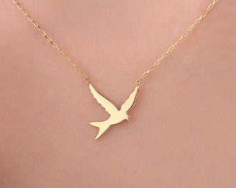 14k Solid Gold Bird Necklace, Flying Bird Pendant, Freedom, Dove Charm, Swallow, Bird Lover Gift for Her, Dainty, Minimalist, Christmas gift