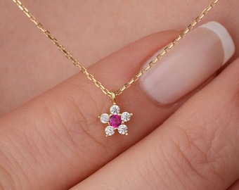 14k Solid Gold Necklace, Gold Flower Necklace, Cute Flower Necklace, Tiny Flower Pendant, Pink Flower, Dainty, Minimalist, Gift for Her