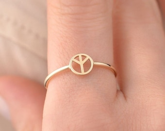 Peace Sign Ring, 14k Solid Gold Ring, Boho, Hippie Ring, Gold Peace Symbol Ring, Birthday Gift for Her, Anniversary Gift, Christmas gift