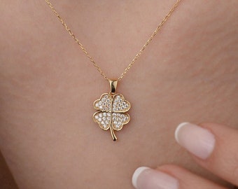 Four Leaf Clover Necklace, 8k Gold Necklace, Gold Clover Pendant, Lucky Charm, Gold Pendant Necklace, Gift for Her, Mother's Day Gift