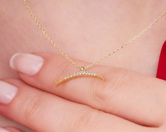 Collar con colgante de luna creciente, collar con colgante de oro macizo de 14k, collar minimalista, colgante de doble cuerno, regalo para ella, regalo de cumpleaños, sencillo, delicado.
