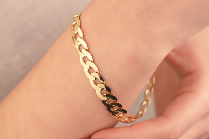 14K Solid Gold Curb Chain Bracelet, Gold Cuban Link Chain, Cuban Link Bracelet, Gift for Men, Gift for Women, Anniversary Gift, Cuban Chain image 1