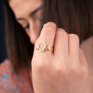 Gold Unique Ring, 14k Solid Gold Ring, Gold Watch Ring, Unusual Gift for Women, Gold Bold Ring, Hexagon Ring, Unique Gift, Christmas Gift image 4