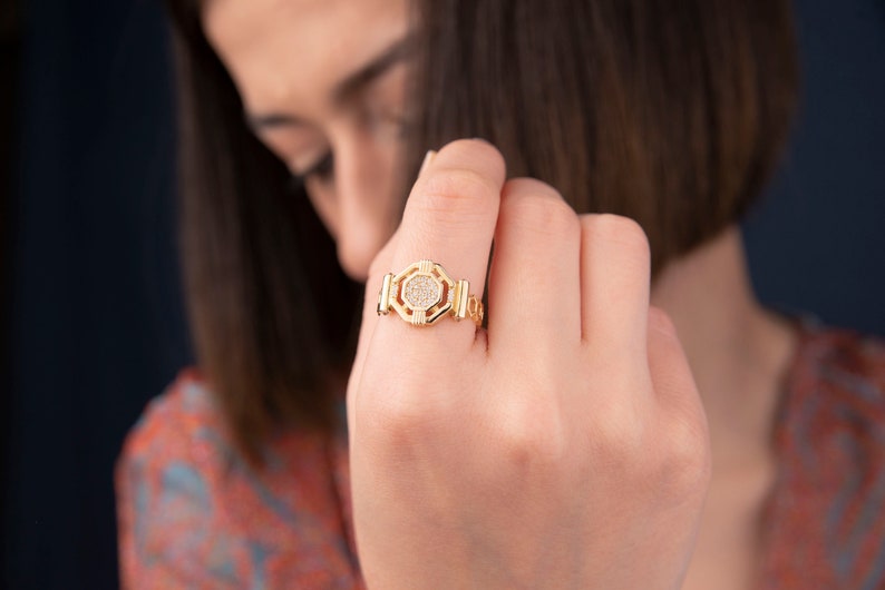 Gold Unique Ring, 14k Solid Gold Ring, Gold Watch Ring, Unusual Gift for Women, Gold Bold Ring, Hexagon Ring, Unique Gift, Christmas Gift image 4