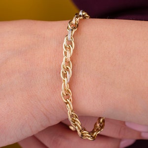 14k Solid Gold Tricolor Oval Link Bracelet, Rolo Chain, Sparkly Faceted Bracelet, Dainty Bracelet, Unique Gift for Women, Christmas Gift image 2