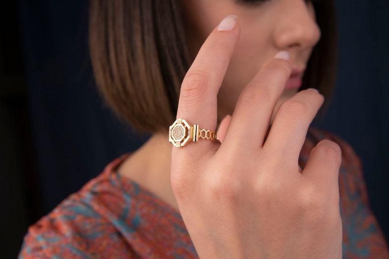 Gold Unique Ring, 14k Solid Gold Ring, Gold Watch Ring, Unusual Gift for Women, Gold Bold Ring, Hexagon Ring, Unique Gift, Christmas Gift image 3