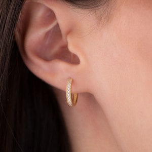 14k Solid Gold Hoop Earring, Dainty Hoop, Hoop with Stone, Huggie Earring, Gift for Her, Earring for Girls, Birthday Gift,Half Eternity Hoop