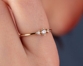 Gold Three Stone Ring, 14k Solid Gold Ring, Triple Stone