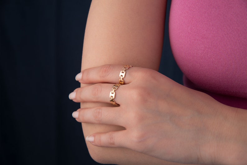 14k massiver Gold Kettenring, Kettengliedring, Gold Modernist Ring, minimalistischer Ring, Gold Unisex Ring, Geschenk für sie, zierlich, Weihnachtsgeschenk Bild 3