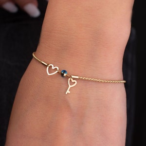 14K Gold Charm Bracelet, Minimalist Evil Eye Bracelet, Mini Charm Bracelet, Gift for Her, Box Chain Bracelet, Birthday Gift, Heart Charm image 5