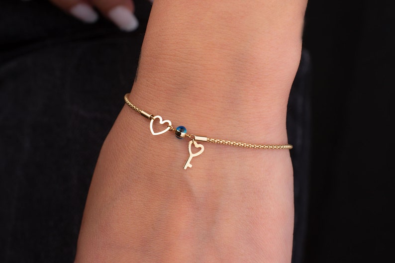 14K Gold Charm Bracelet, Minimalist Evil Eye Bracelet, Mini Charm Bracelet, Gift for Her, Box Chain Bracelet, Birthday Gift, Heart Charm image 5