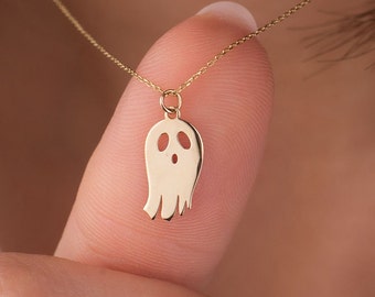 14k Gold Halloween Necklace, Gold Ghost Necklace, Cute Ghost Charm, Spooky Necklace, Boo Pendant, Halloween Gift for Her, Christmas gift