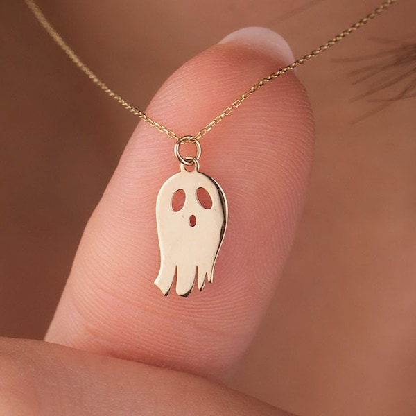 14k Gold Halloween Necklace, Gold Ghost Necklace, Cute Ghost Charm, Spooky Necklace, Boo Pendant, Halloween Gift for Her, Christmas gift