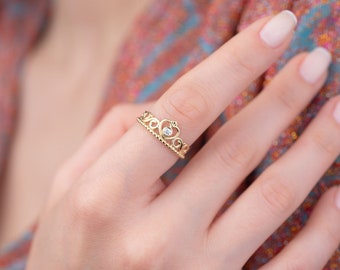 Gouden kroonring, 14k massief gouden ring, koningin kroonring, cadeau voor haar, tiararing, prinsesring, kerstcadeau, koninklijke ring, prinsessenkroon